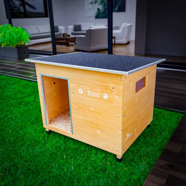A casota Ares L é recomendada para patudos/as de porte médio/grande, que prima pela sua robustez, telhado móvel e janela lateral.