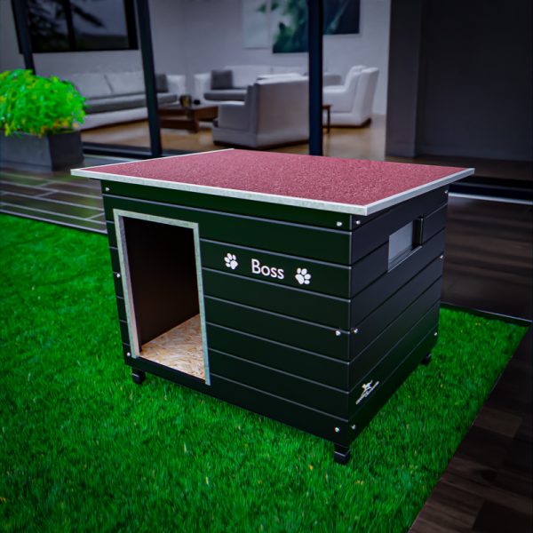 A casota Ares XL é recomendada para patudos/as de porte grande, que prima pela sua robustez, telhado móvel e janela lateral.