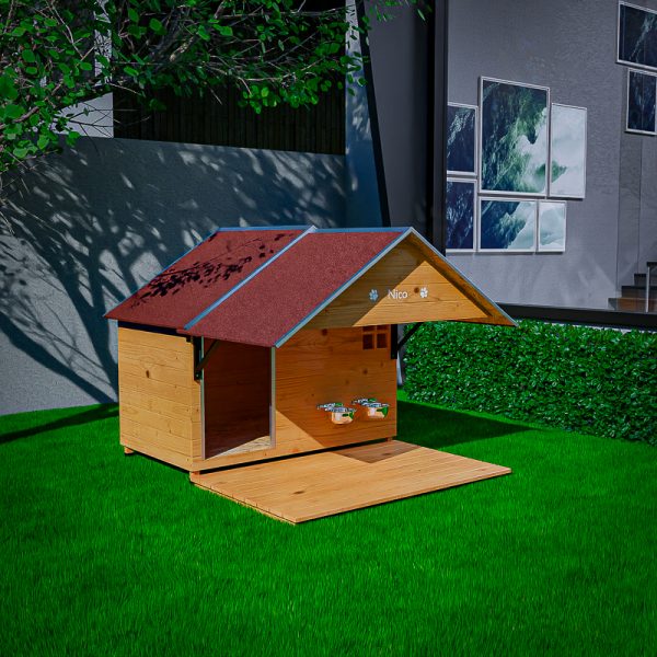 A casota Zeus XXL Plus é recomendada para patudos/as de porte grande/gigante, que prima pela sua robustez, telhado móvel, janela e área exterior abrigada.