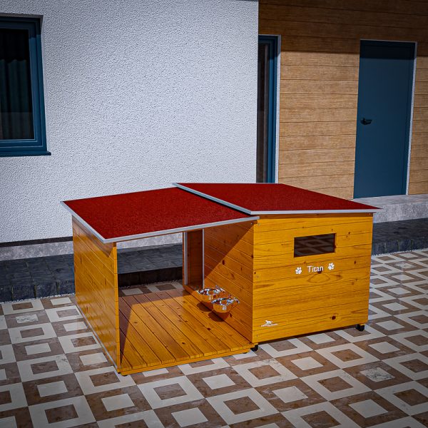 A casota Ares XXL Plus é recomendada para patudos/as de porte gigante, que prima pela sua robustez, pelo telhado móvel, janela e área de alpendre removível.